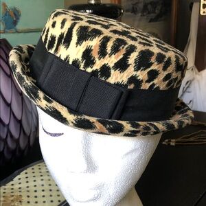 Leopard Print Wool Felt Pork Pie Hat with Black Grosgrain Band